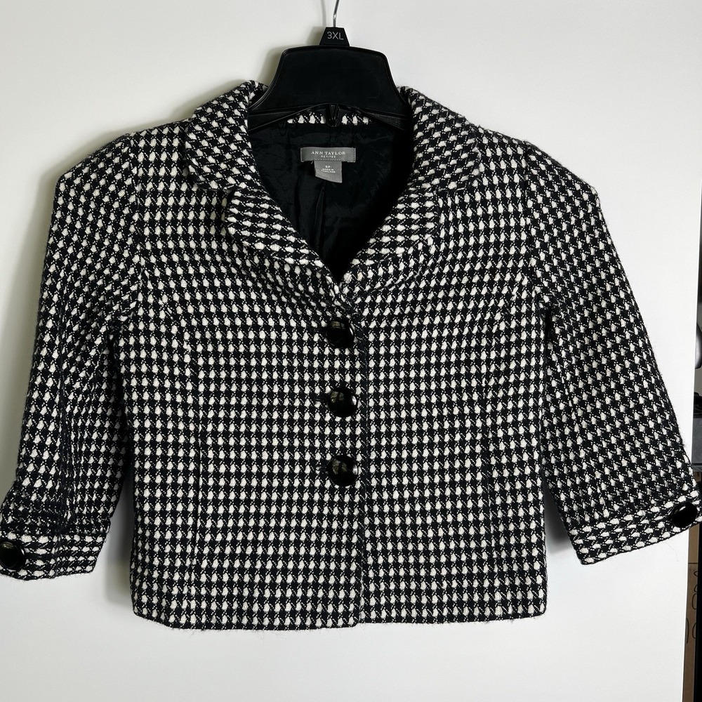 Ann Taylor Petites 0P Black White Wool Blend Cropped Jacket 3/4 Sleeve Vtg-Mod